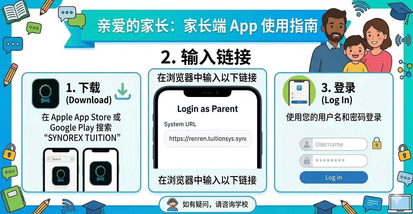 家长端 App 使用指南：下载 SYNOREX TUITION、输入系统链接、登录